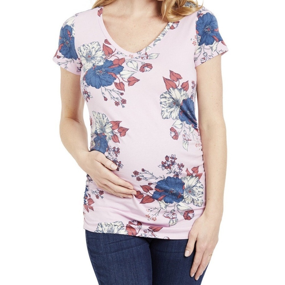 Motherhood MATERNITY Sz L Lilac Pink Pullover S/S V neck Ruched Top NEW